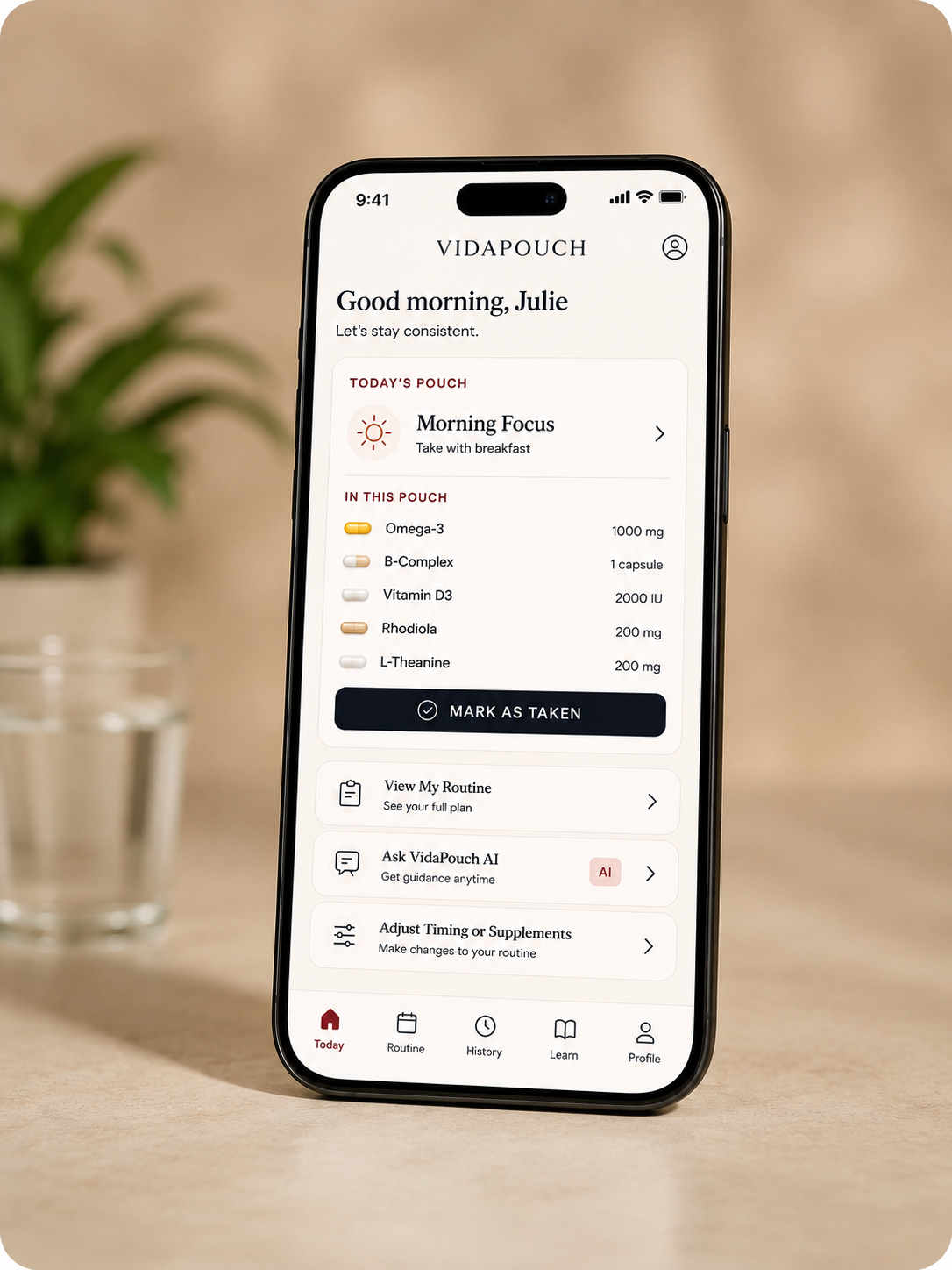 VidaPouch app showing a personalized daily supplement routine