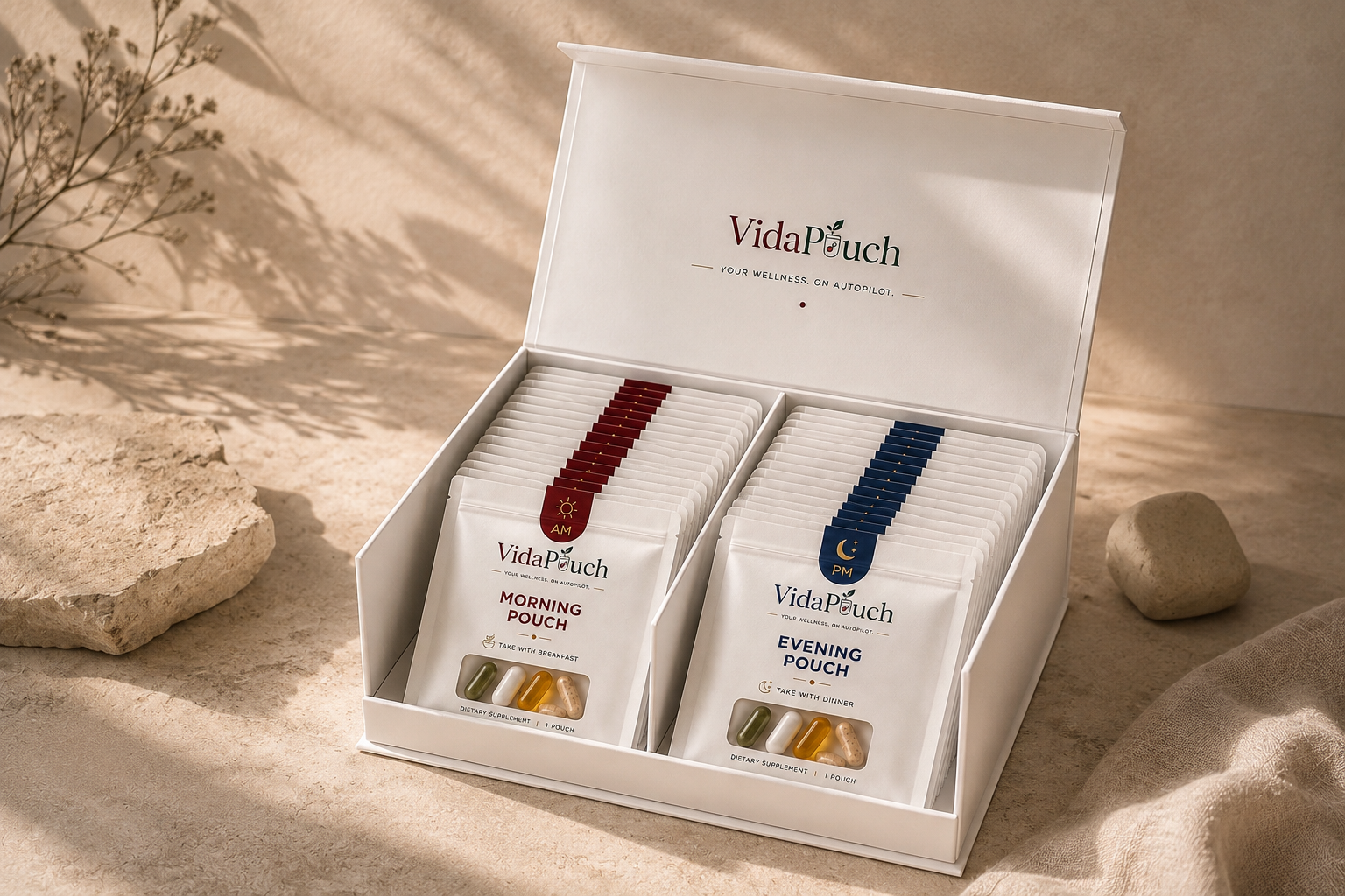 Open VidaPouch box with personalized morning and evening supplement pouches