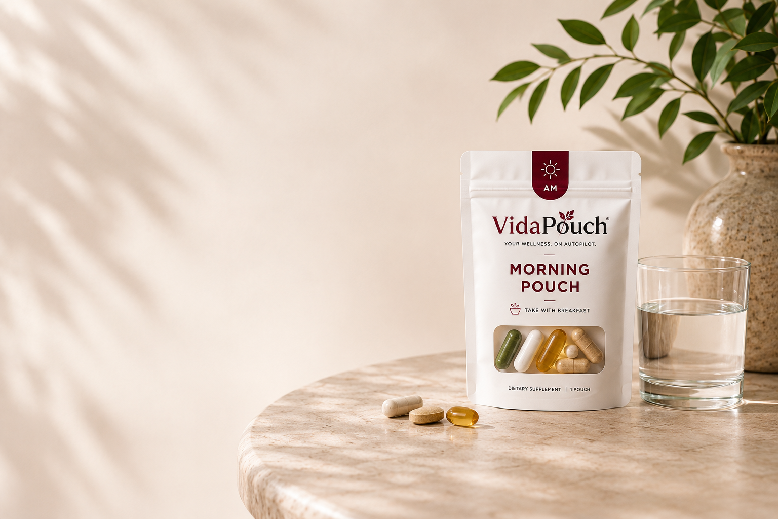 VidaPouch personalized morning pouch beside a glass of water