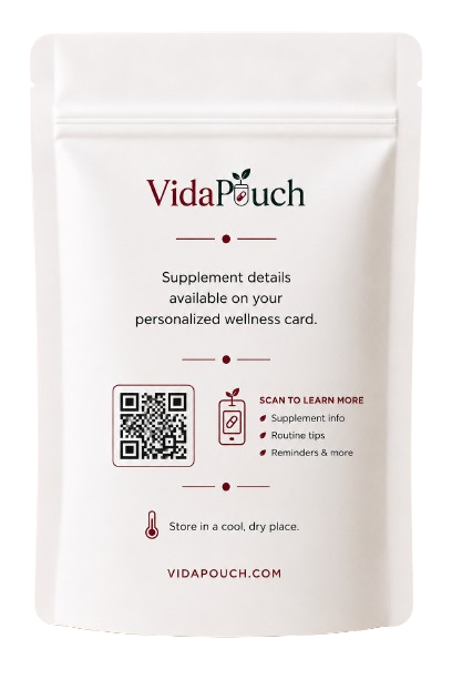 Back of VidaPouch pouch showing QR code