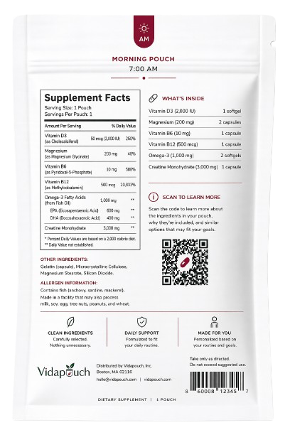 Back of Vidapouch pouch showing supplement contents and quantity